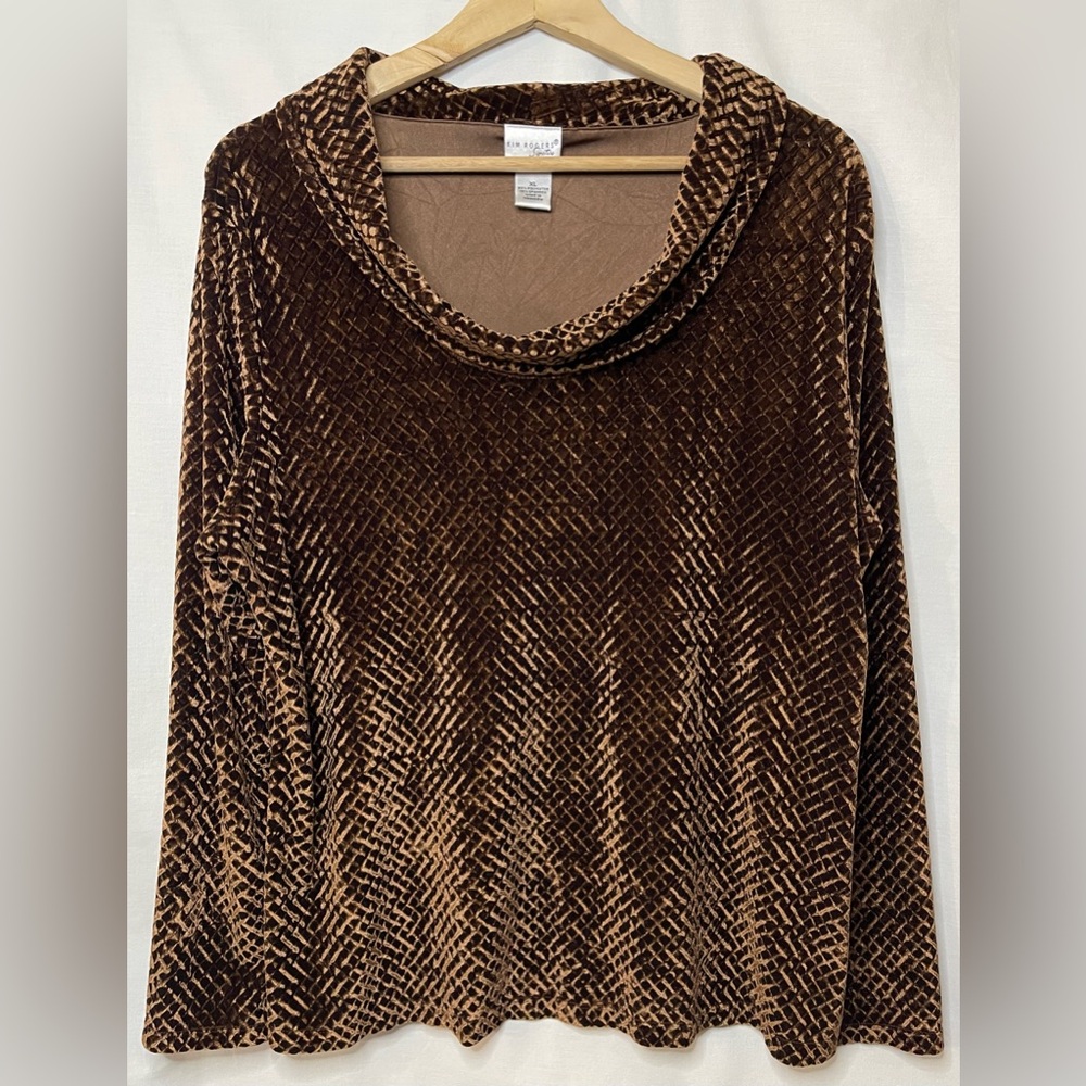Kim Rogers Signature Brown Velour Long Sleeve Cowl Neck Top Size XL Length 25in